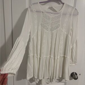 Free People Cream Tiered Blouse with Balloon Sleeves
